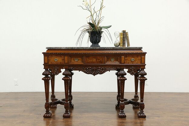 Carved Walnut Antique Hall Console, Server or Sideboard, Marble Top #34137 photo