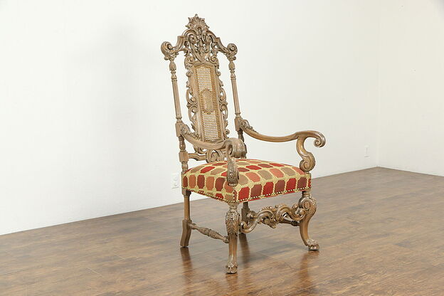 Hand Carved Walnut Antique Italian Throne or Hall Chair Recent Upholstery #33578 photo