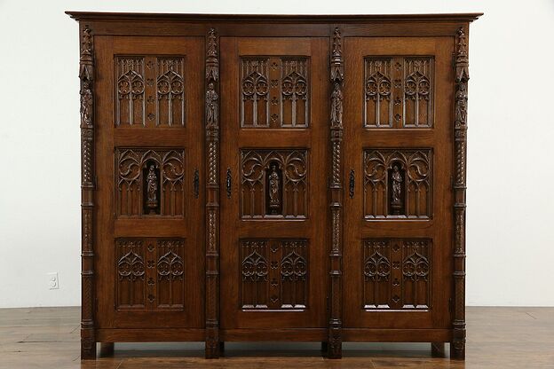 Gothic Design Scandinavian Vintage Carved Oak China or Linen Cabinet #33746 photo