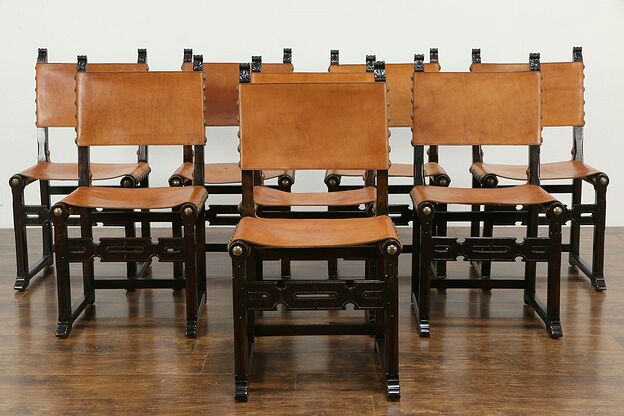 Set of 8 Antique French Saddle Leather Dining Chairs, Brass Studs #33880 photo