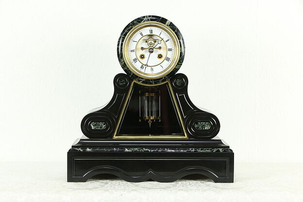 French Slate & Marble Antique Mantle Clock, Open Escapement, Signed Marti #33887 photo