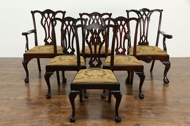 Set of 6 (5+1) Georgian Chippendale Vintage Dining Chairs, New Upholstery #33974 photo