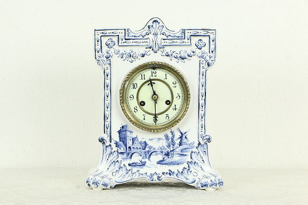 Blue Dutch Delft Antique Porcelain China Clock, Signed Waterbury #34142 photo