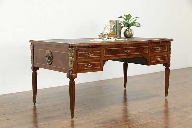 French Empire Antique Desk, Bronze Mounts, Tooled Leather, Secret Drawer #33743 photo