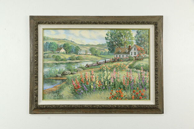 House & River Garden Vintage Original Oil Painting Signed Fiora Cozzi 45" #33800 photo