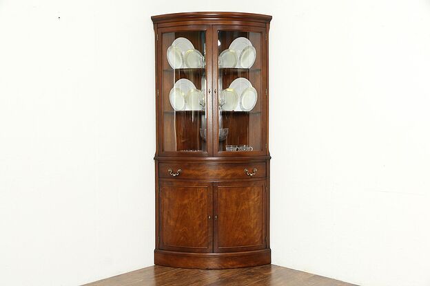 Traditional Mahogany Curved Glass Vintage Corner Cabinet, Landstrom #33884 photo