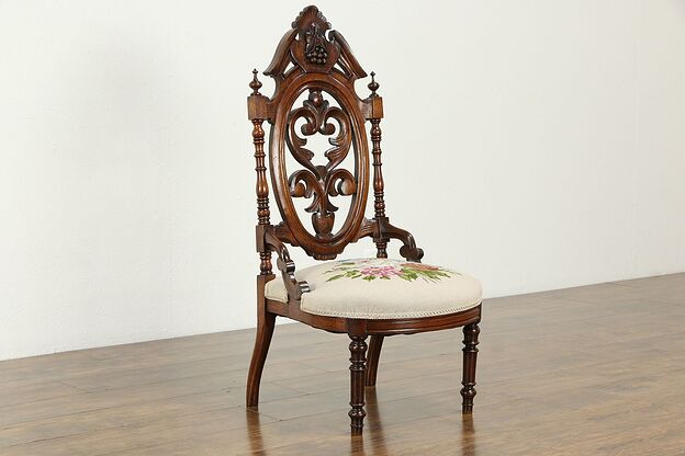 Victorian Antique 1850 Grape Carved Walnut & Needlepoint Slipper Chair #34180 photo