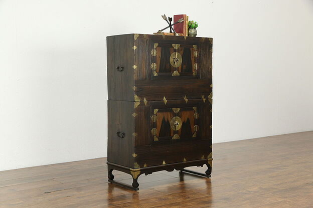 Korean Antique Stacking Ash Dowry Chest, Brass Mounts  #34401 photo