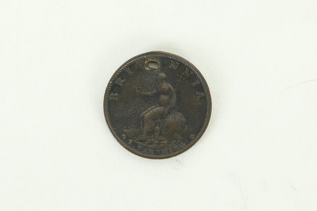 English Antique 1791 Farthing Copper Coin, Hole for Necklace #34436 photo