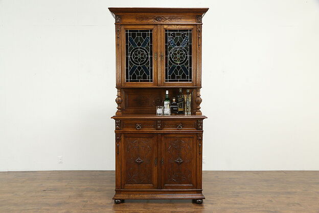 French Antique Carved Oak Sideboard, Bar or Server Cabinet, Stained Glass #34583 photo