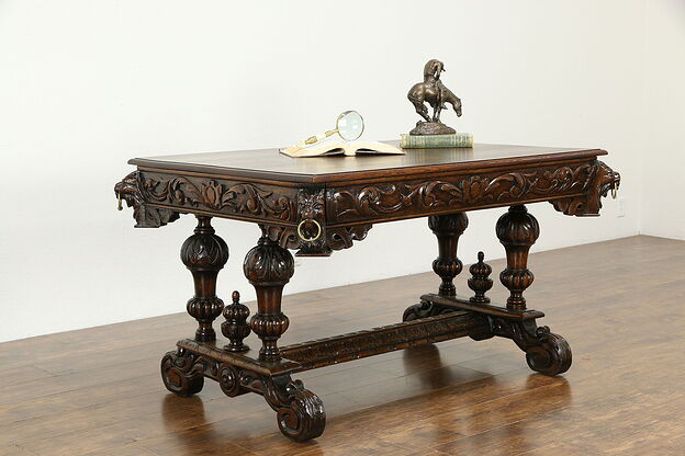 Renaissance Antique Oak Library Table Desk Carved Lion Heads #33739 photo
