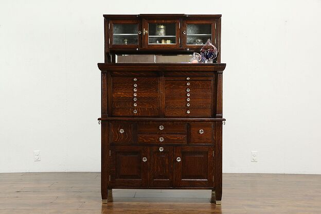 Oak Dentist 1900 Antique Dental, Jewelry or Collector Cabinet, American #33944 photo