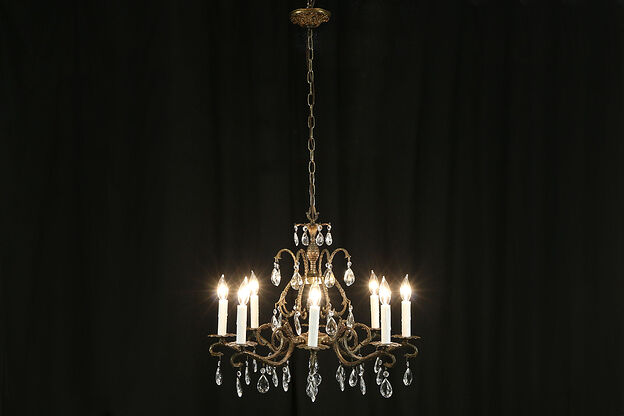 Crystal & Patinated Brass 8 Candle Vintage Chandelier  #34031 photo