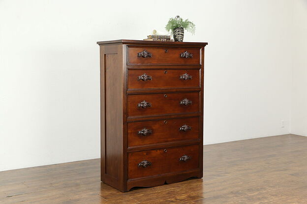 Victorian Antique Walnut Tall Chest or Highboy, Original Carved Pulls #34510 photo