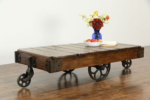 Maple Antique Industrial Salvage Railroad Cart, Iron Wheels, Coffee Table #34651 photo