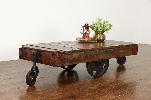 Oak Antique Industrial Salvage Railroad Cart, Iron Wheels, Coffee Table #34652 photo