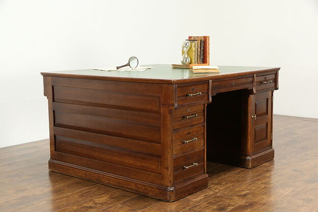Victorian Cherry Antique Partner Library Desk, Raised Panels, Leather Top #34689 photo