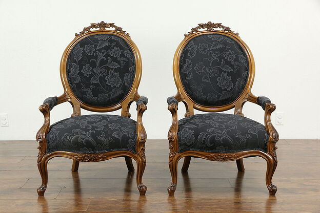 Pair of Victorian Antique 1860's Hand Carved Walnut Chairs  #34850 photo