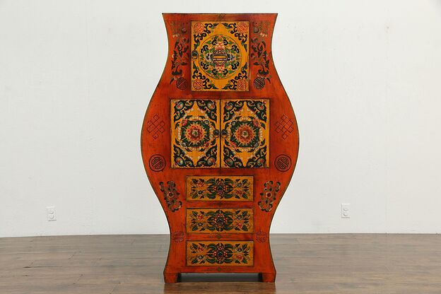 Chinese Tibetan Hand Painted Lacquer Hourglass Shaped Cabinet #33562 photo