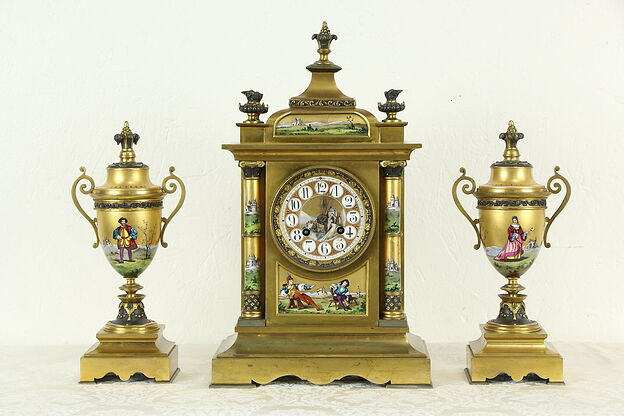 Bronze & Porcelain French Antique Clock Set Hamilton Creighton Paris #33916 photo