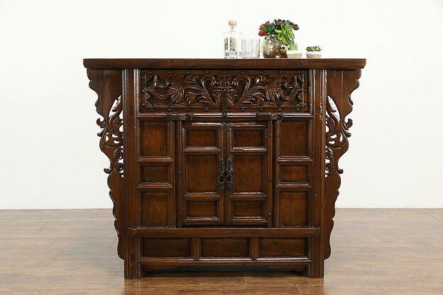 Chinese Carved Ash Vintage Dowry Cabinet or Console, Wrought Iron #34366 photo