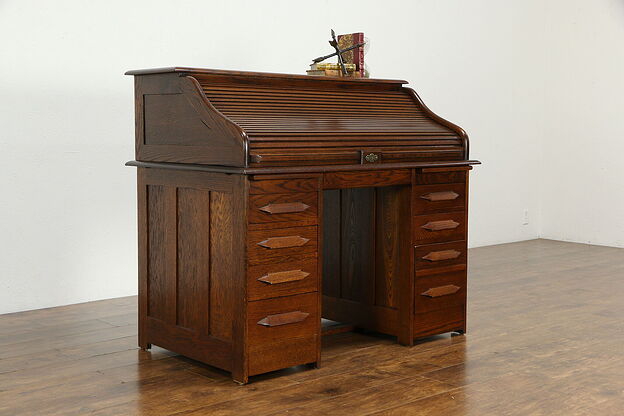 Victorian Antique Oak Roll Top Desk, File Drawer, Pull Out Shelves #34514 photo
