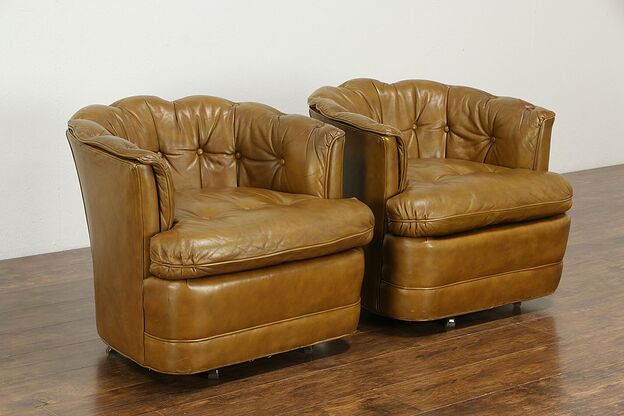 Pair of Tufted Leather Vintage Swivel Club Chairs, Signed Drexel #34699 photo