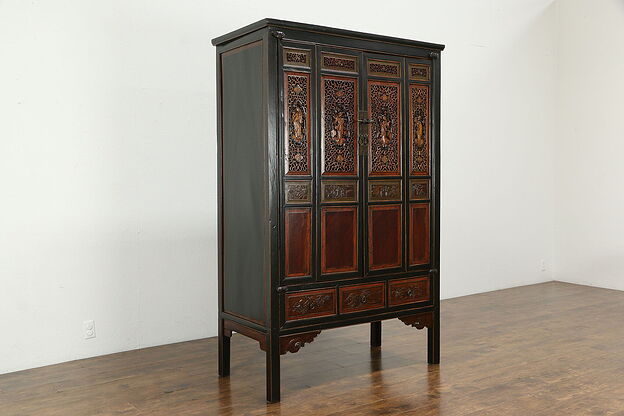 Chinese Hand Painted Lacquer Cabinet, Hand Carved Figures, Grillwork #34869 photo