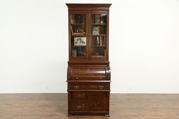 Victorian Eastlake 1885 Antique Walnut Roll Top Secretary Desk & Bookcase #34918 photo