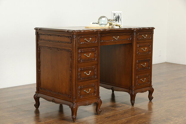 Country French Vintage Cherry Desk, Tooled Leather Top  #34712 photo