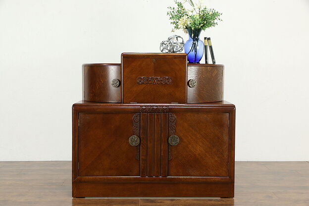 Art Deco Matched Oak English Vintage Bar Cabinet & Desk #34727 photo