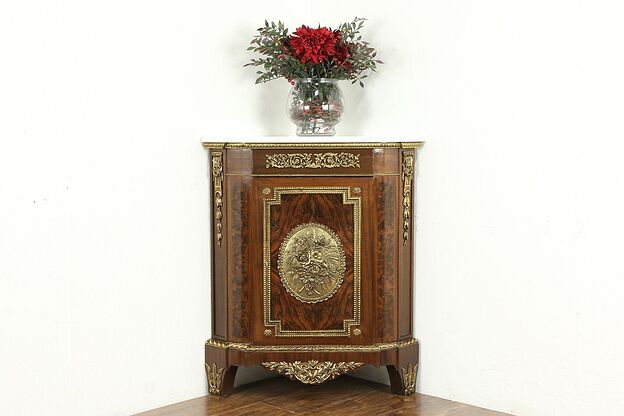 Marble Top Spanish Vintage Burl Corner Cabinet, Bronze Mounts, Soriano #35038 photo