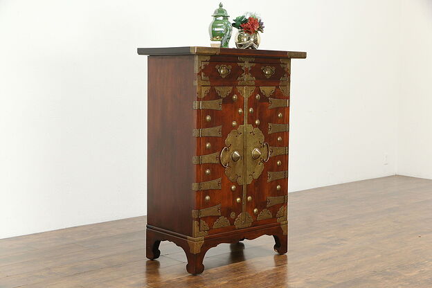 Chinese Mahogany Antique Dowry Cabinet, Engraved Brass Hardware #33652 photo