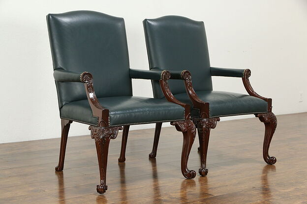 Pair of Georgian Style Vintage Leather & Carved Mahogany Chairs, Baker #34002 photo