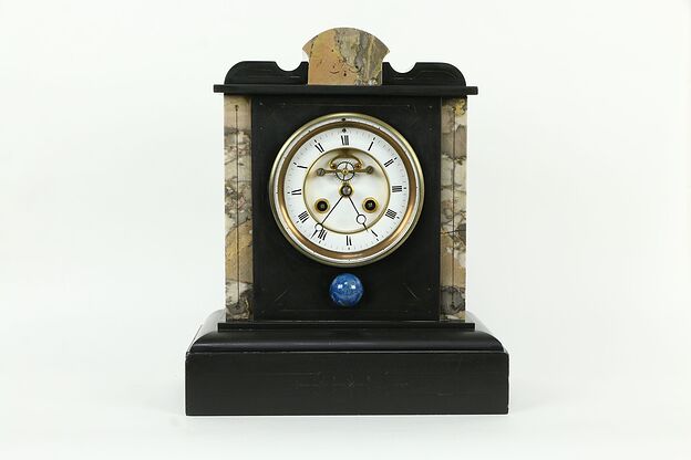 Black Marble French Antique Mantel Clock, Open Escapement #34516 photo