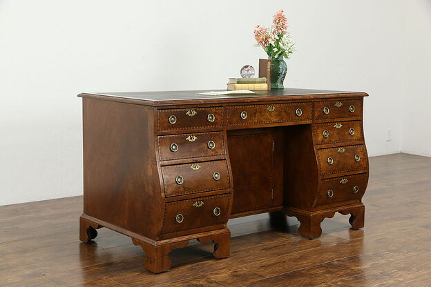 Bombe Antique English Walnut Desk, Inlaid Banding, Leather Top #35001 photo
