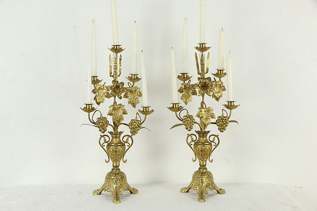 Victorian Pair of Antique Brass Candelabra, Cross & Grape Motifs #35039 photo