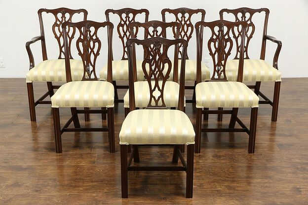 Set of 8 Georgian Chippendale Vintage Mahogany Dining Chairs, New Fabric #35325 photo