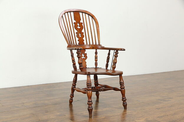 Victorian Antique English 1880 Pub Chair, Carved Elm Seat #33651 photo