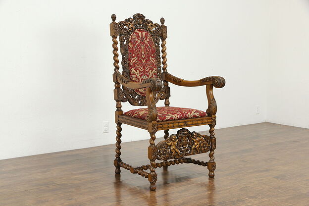 Throne or Antique Italian Hall Chair, Angels or Cherubs, New Upholstery #34486 photo