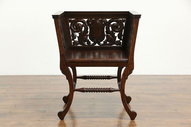 English Tudor Antique 1900 Carved Quarter Sawn Oak Hall Chair #34414 photo