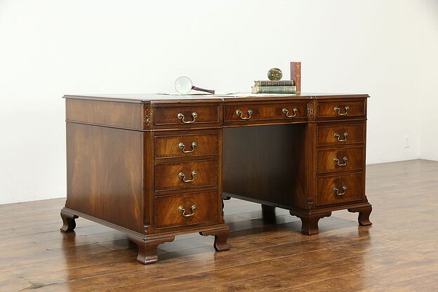 Traditional English Vintage Mahogany Partner Desk, Gold Tooled Leather #34927 photo