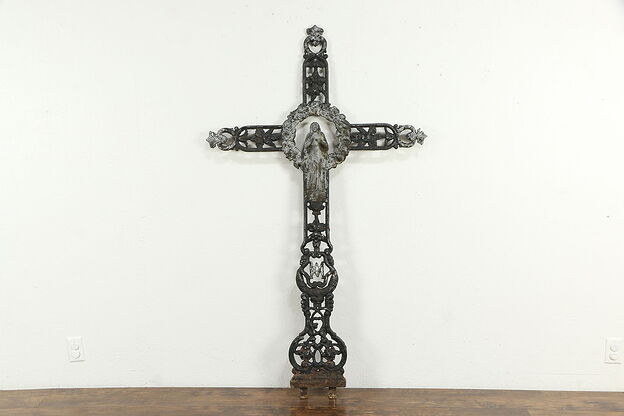 French Antique Cast Iron Filigree Cross with Mary from Shrine  #35073 photo