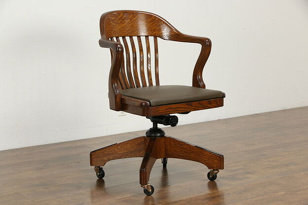 Oak & Leather Antique Swivel Adjustable Office Desk Chair, Milwaukee #35121 photo