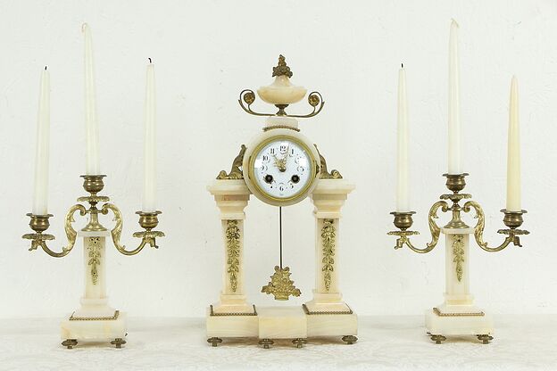 French Antique Onyx & Bronze Mantel Clock & Candelabra 3 Pc Set  #35300 photo
