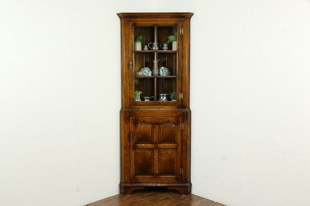 Oak Vintage English Farmhouse Cupboard Corner Cabinet, Raised Panels #35713 photo
