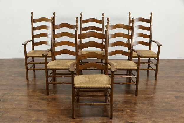 Set of 6 Vintage Cherry Ladderback Farmhouse Arm Chairs, Rush Seats #35622 photo