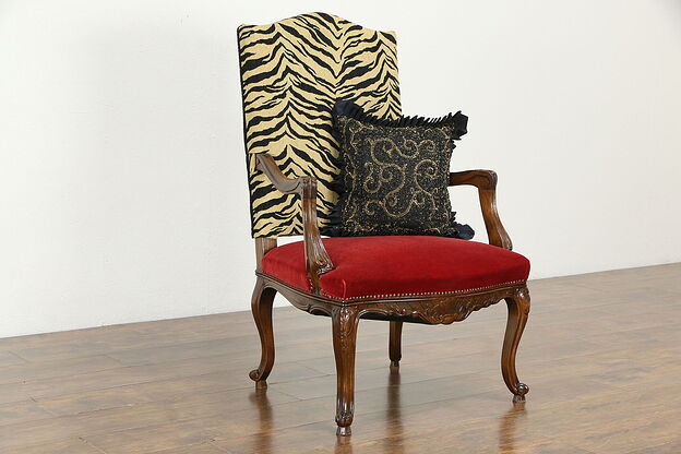 French Large Antique Carved Beech Chair, Tiger Stripe & Mohair Upholstery #35763 photo