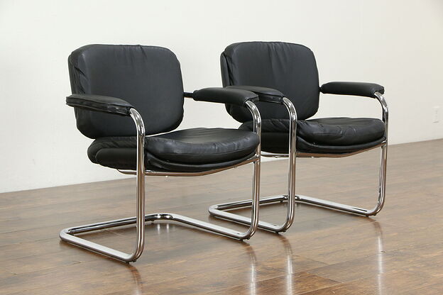 Midcentury Modern Style Leather & Chrome Office or Library Chairs #35391 photo