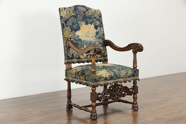 French Antique Fruitwood Chair, Carved Paw Feet, Needlepoint Tapestry #35551 photo